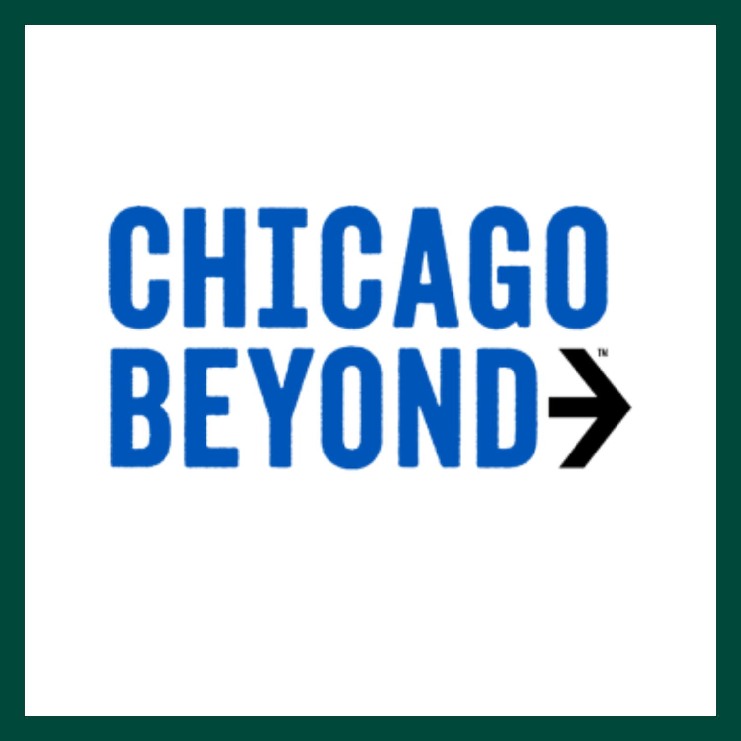 Logo for Chicago Beyond. Written in blue with a black arrow pointing to the right.
