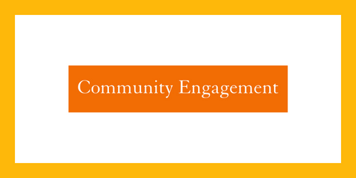 "Community Engagement" written in white with an orange background and white/yellow borders.