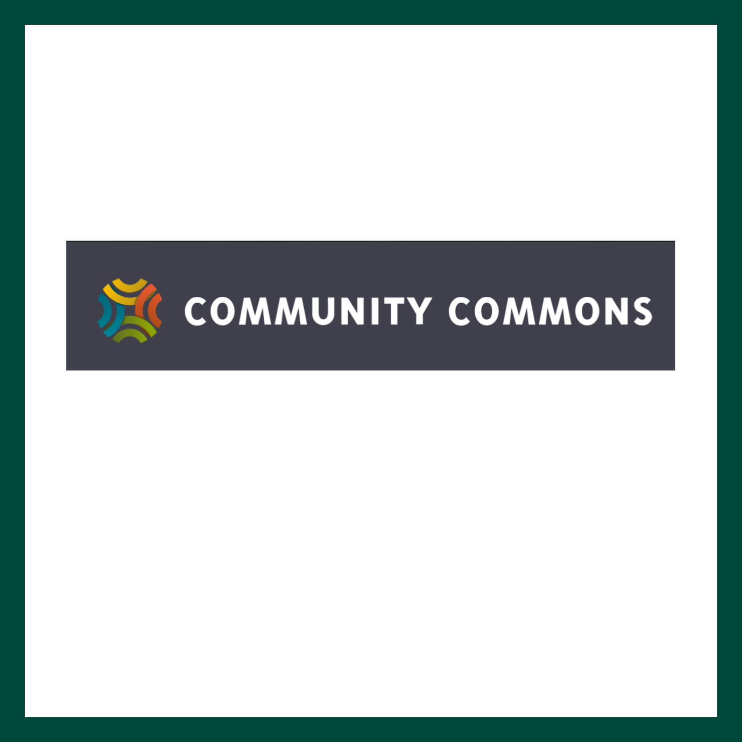 Community Commons logo with words written in white and background is black. On the right is a colorful sphere with the colors yellow, orange, green, and blue.
