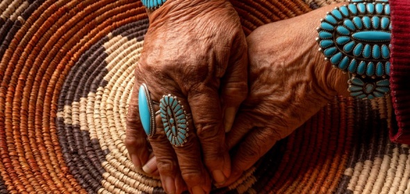 Indigenous Person's hands with blue rings and blue bracelet on top of a woven basket
