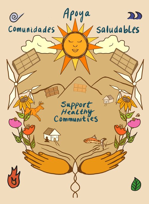 A poster of nature (sun, clouds, flowers, deer, house, and fish) with hands holding the words  apoya, comunidades, saludables, and support for healthy communities.