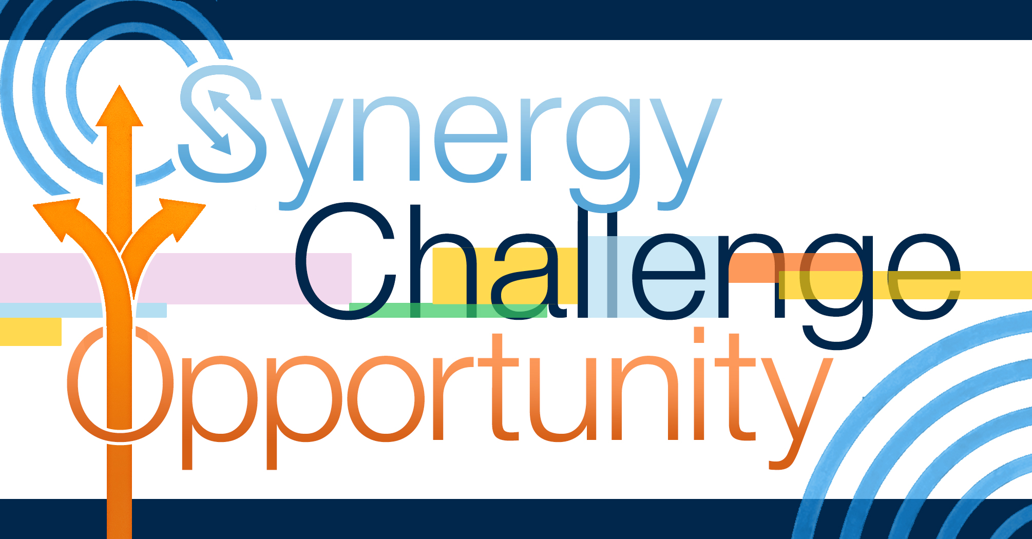Synergy Challenge Opportunity written with colorful abstract arrows, lines, squares. and circles surrounding the text.