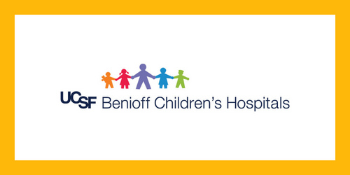 UCSF Children's Hospital Logo with figure of 5 children holding hands above. The figure of children are orange, pink, purple, blue, and green. 