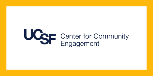 UCSF Center for Community Engagement written with white background and yellow borders.