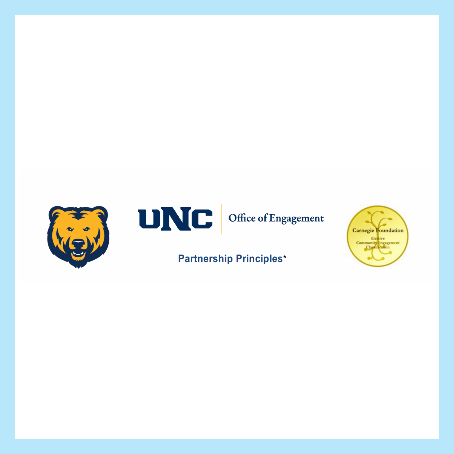 UNC Logo of a yellow bear and "Office of Engagement" written with "Partnership Principles" underneath. A  yellow seal that reads Carnegie Foundation elective community engagement classification.