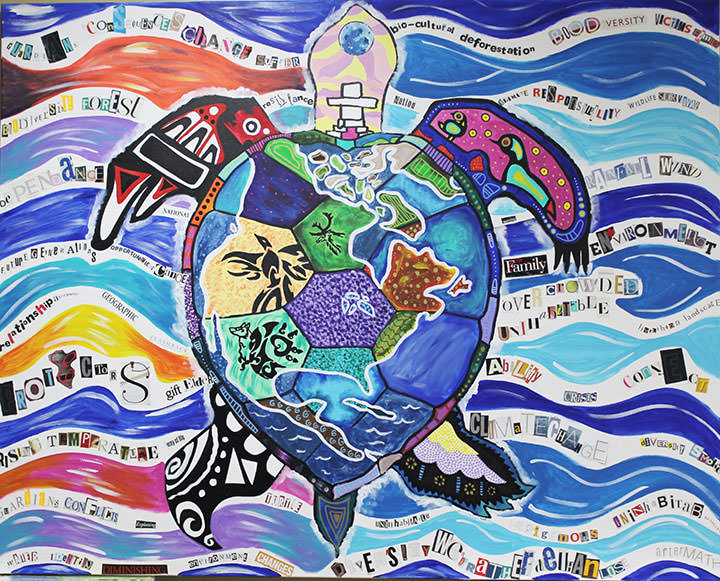  A painting of a colorful turtle with symbols of indigenous cultures inside. The turtle is surrounded by colorful waves and words of affirmations and environmental change. Artwork by:  Kelsi Bartake, Jordan Raymond