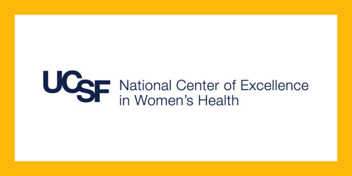 UCSF National Center of Excellence in Women's Health written with white background and yellow borders.